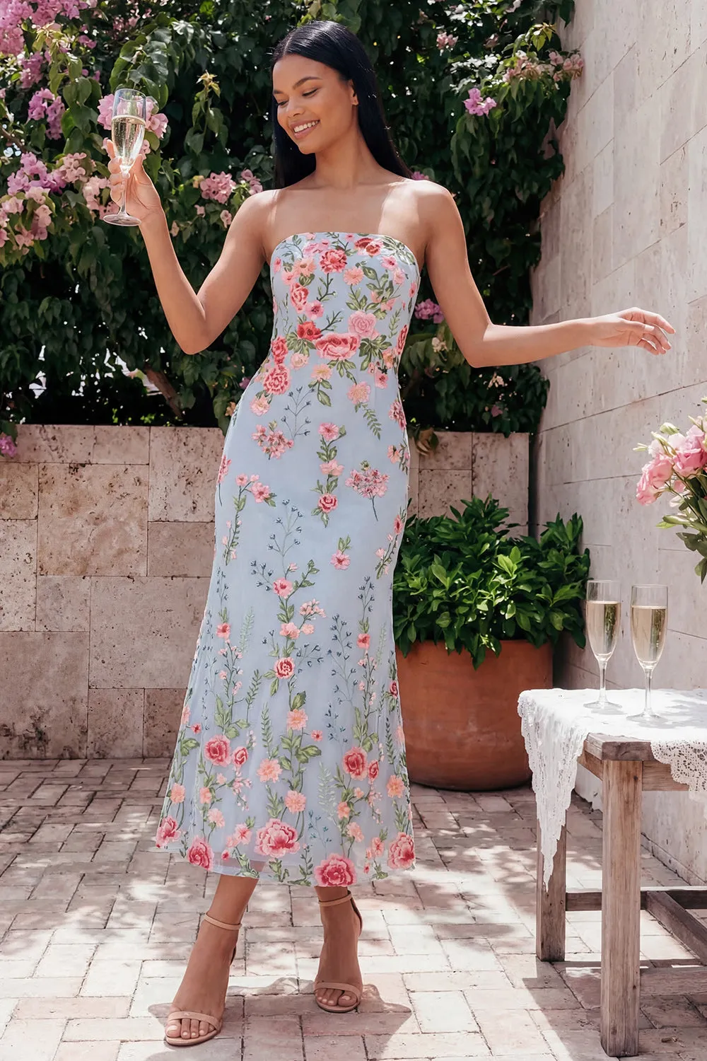 Garden Light Blue Floral Embroidered Strapless Midi Dress sold by Zapaka product image thumbnail 2