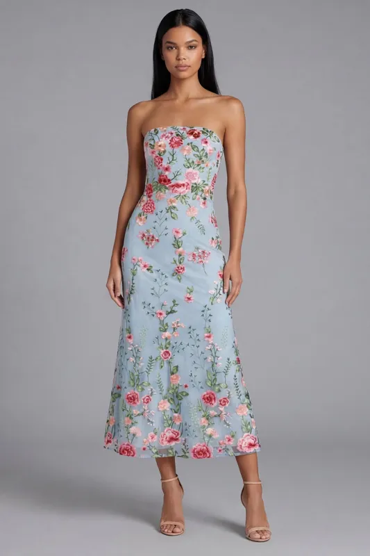 Garden Light Blue Floral Embroidered Strapless Midi Dress made by Zapaka