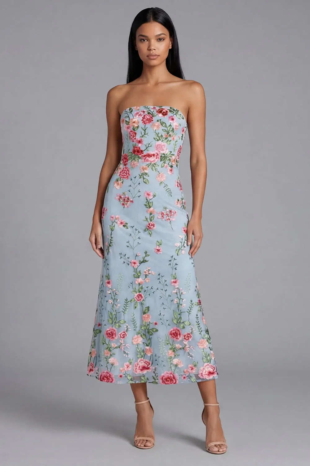 Garden Light Blue Floral Embroidered Strapless Midi Dress sold by Zapaka