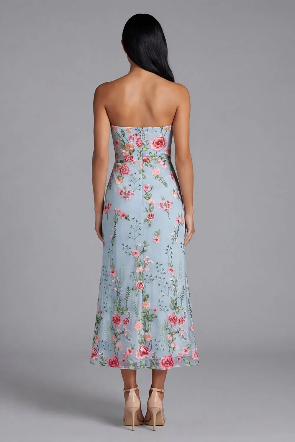 Garden Light Blue Floral Embroidered Strapless Midi Dress sold by Zapaka product image thumbnail 3