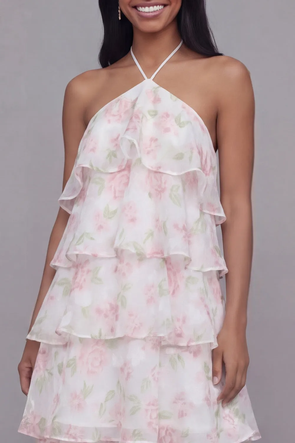 Halter Neck White Pink Flower Chiffon Sheath Tiered Printed Floral Dress sold by Zapaka product image thumbnail 4