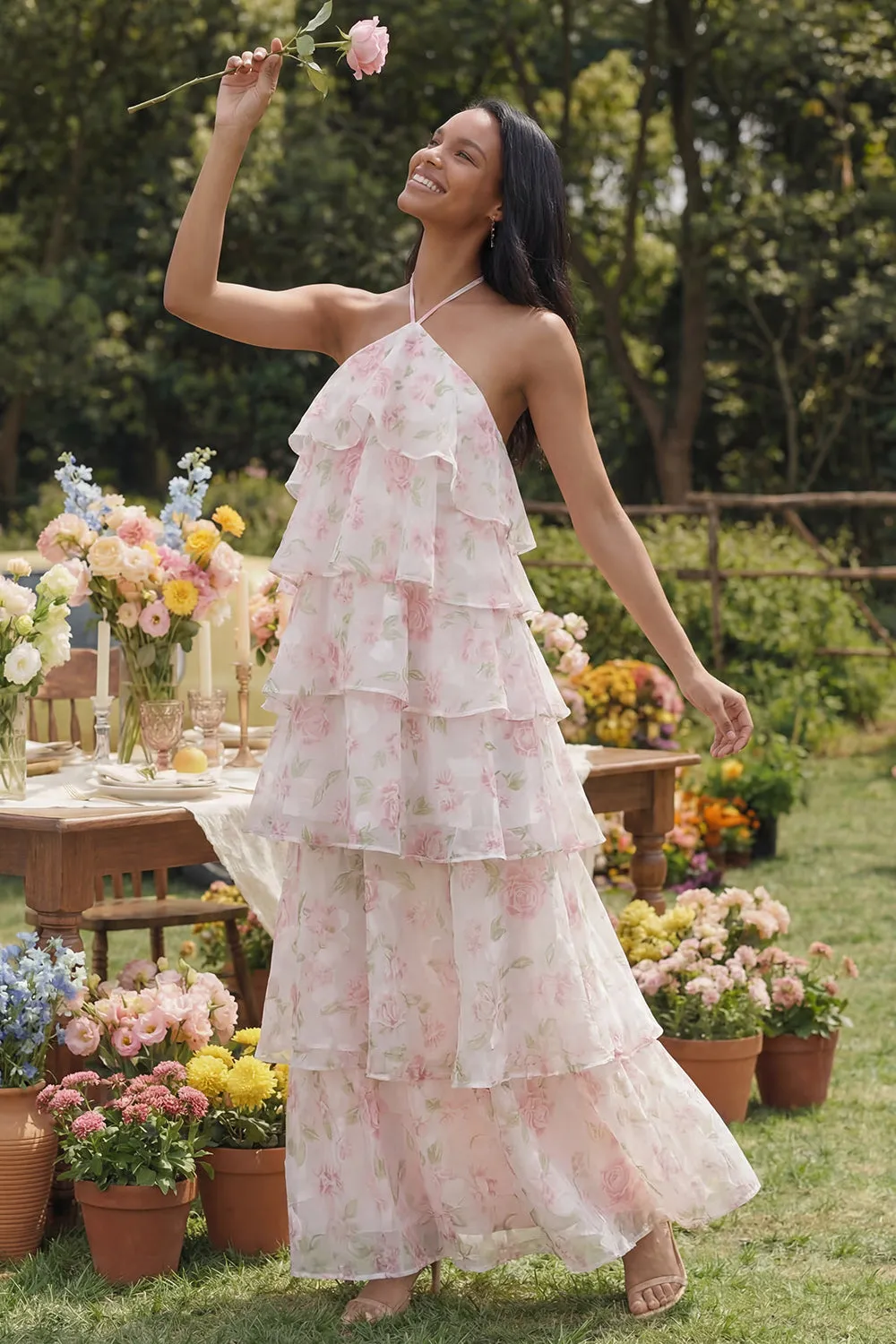 Halter Neck White Pink Flower Chiffon Sheath Tiered Printed Floral Dress sold by Zapaka product image thumbnail 2