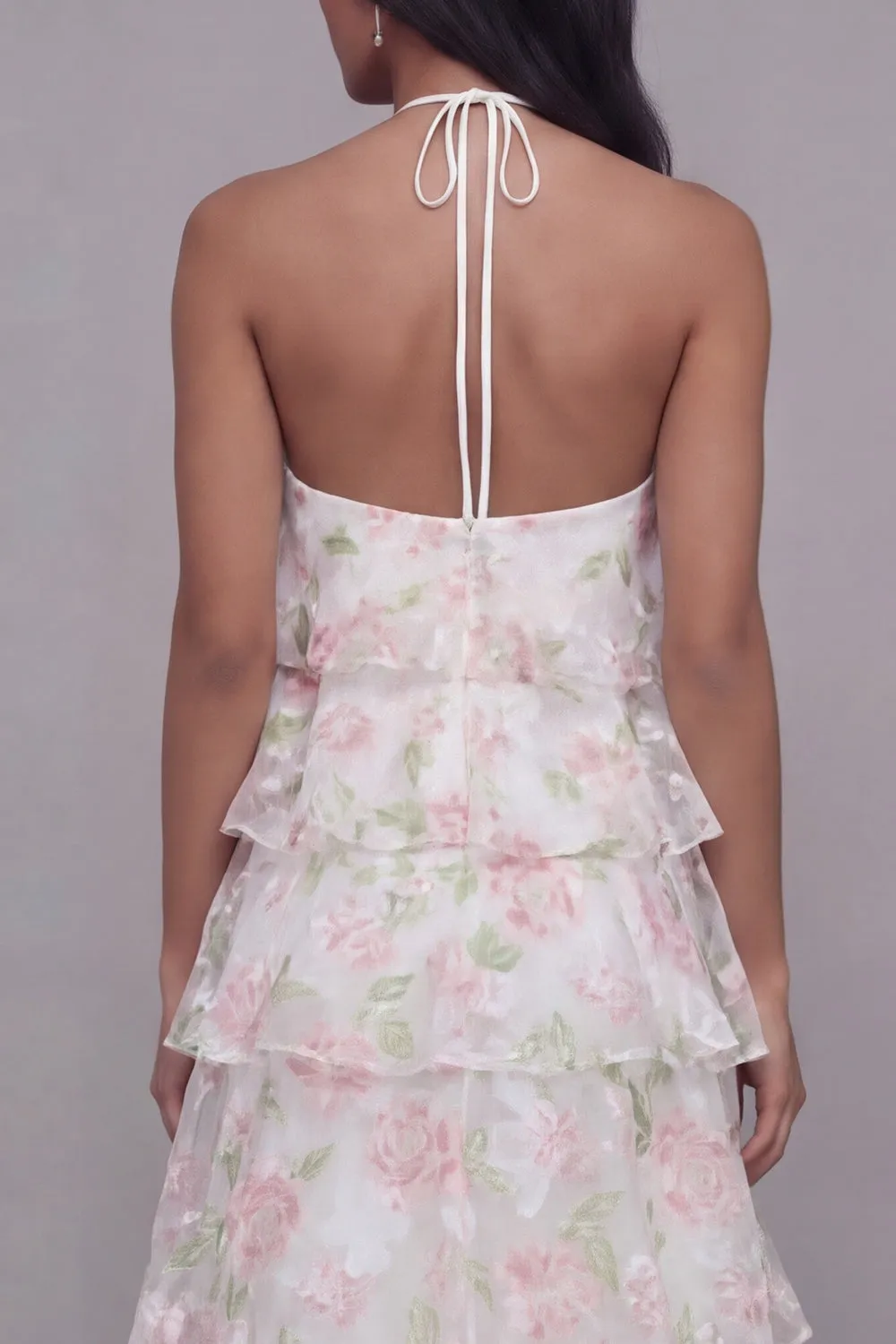 Halter Neck White Pink Flower Chiffon Sheath Tiered Printed Floral Dress sold by Zapaka product image thumbnail 5