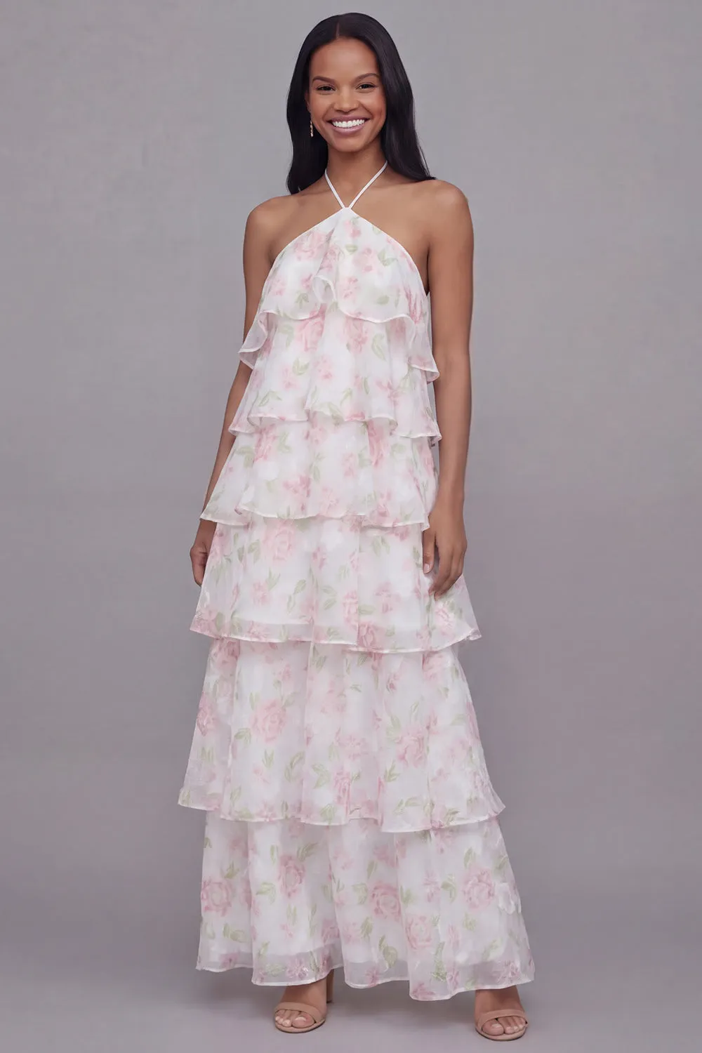 Halter Neck White Pink Flower Chiffon Sheath Tiered Printed Floral Dress sold by Zapaka
