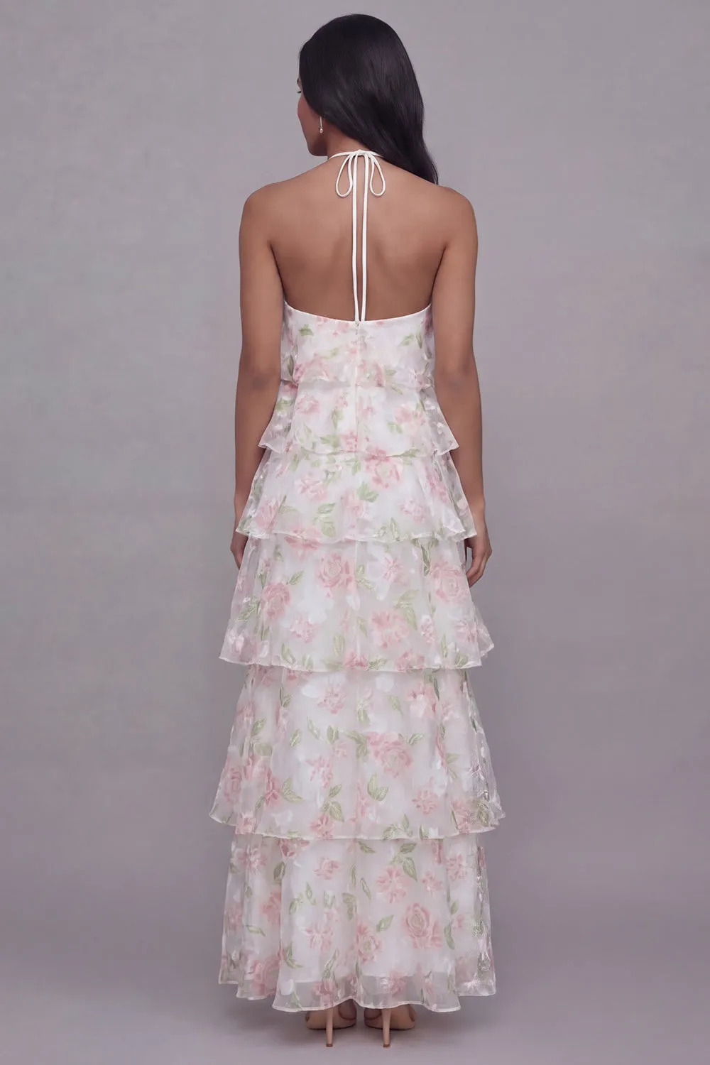 Halter Neck White Pink Flower Chiffon Sheath Tiered Printed Floral Dress sold by Zapaka product image thumbnail 3