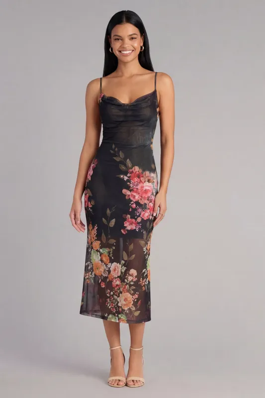 Enchanted Midnight Black Cowl Neck Ruched Mesh Midi Floral Dress made by Zapaka