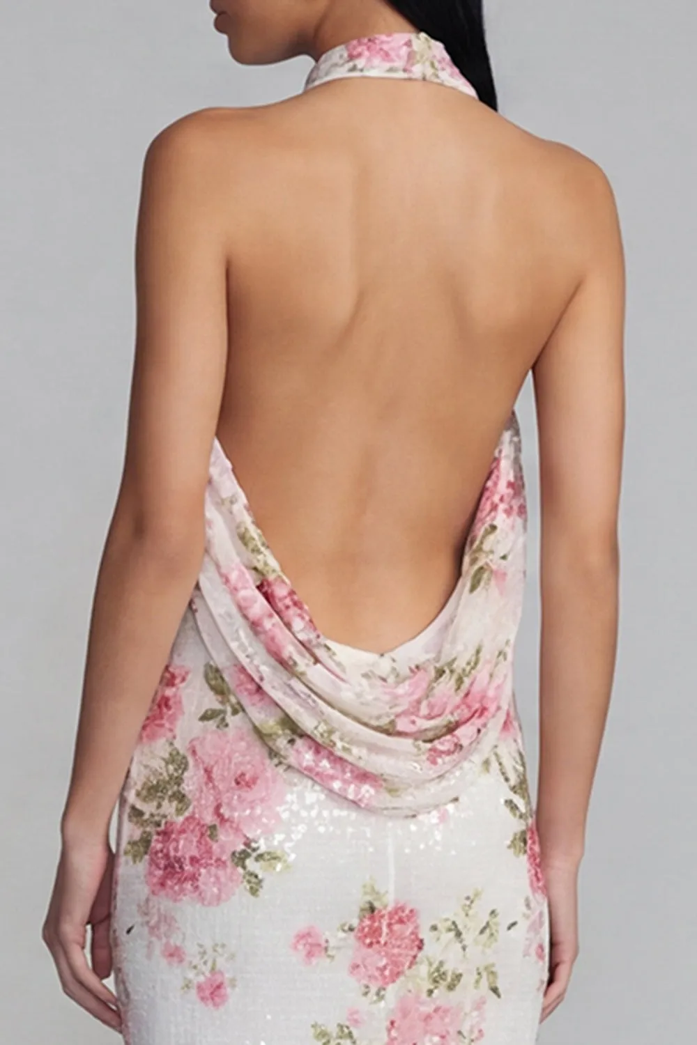 Sparkly White Pink Flower Bodycon Printed Floral Dress with Sequins sold by Zapaka product image thumbnail 5