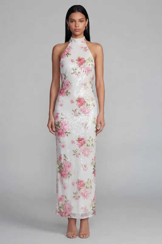 Sparkly White Pink Flower Bodycon Printed Floral Dress with Sequins made by Zapaka