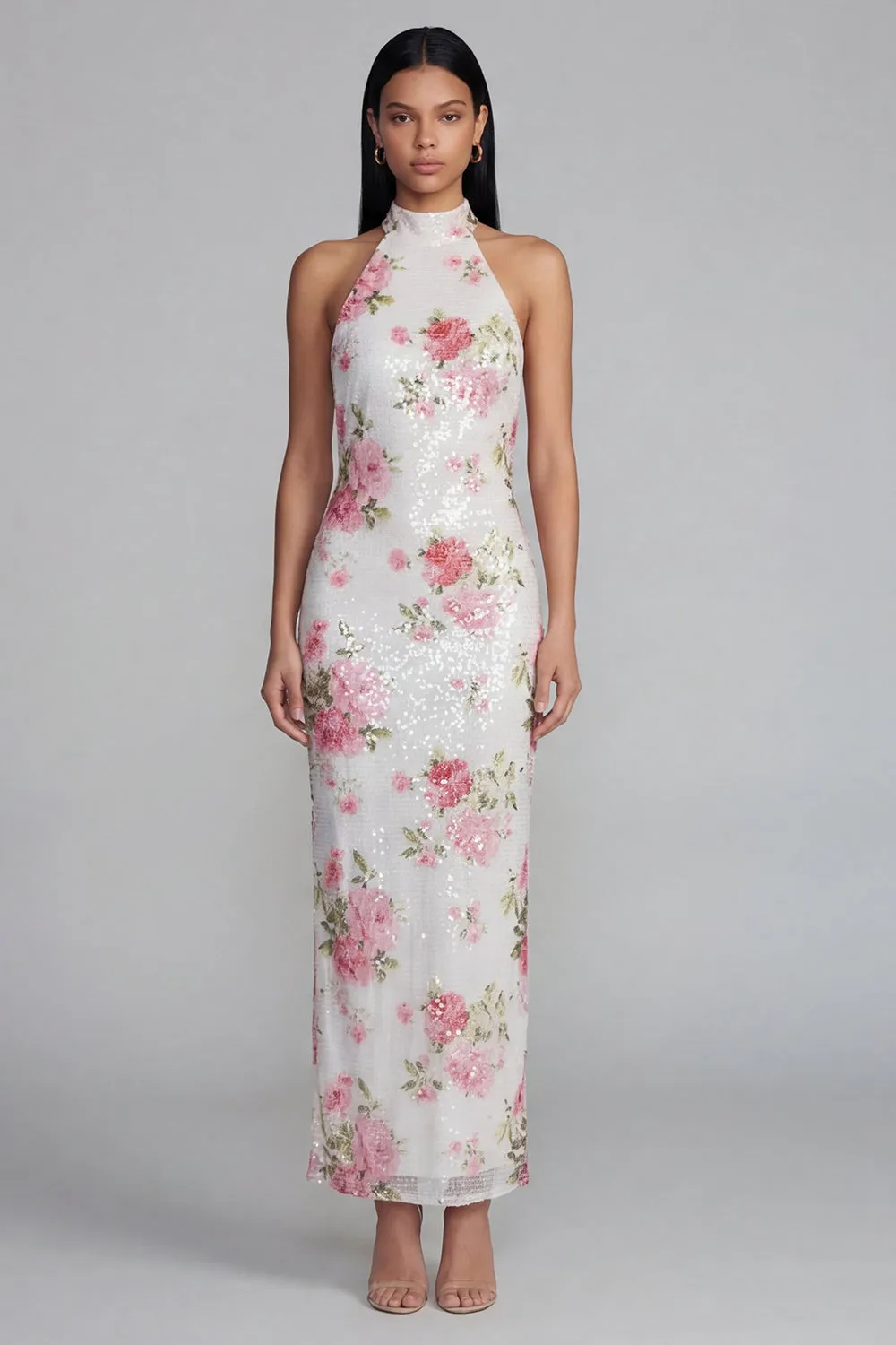 Sparkly White Pink Flower Bodycon Printed Floral Dress with Sequins sold by Zapaka