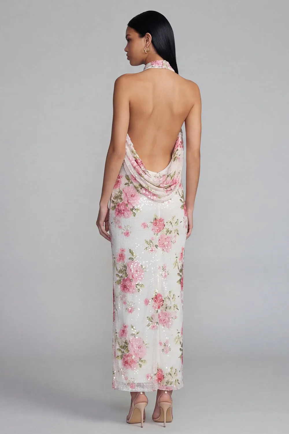 Sparkly White Pink Flower Bodycon Printed Floral Dress with Sequins sold by Zapaka product image thumbnail 3