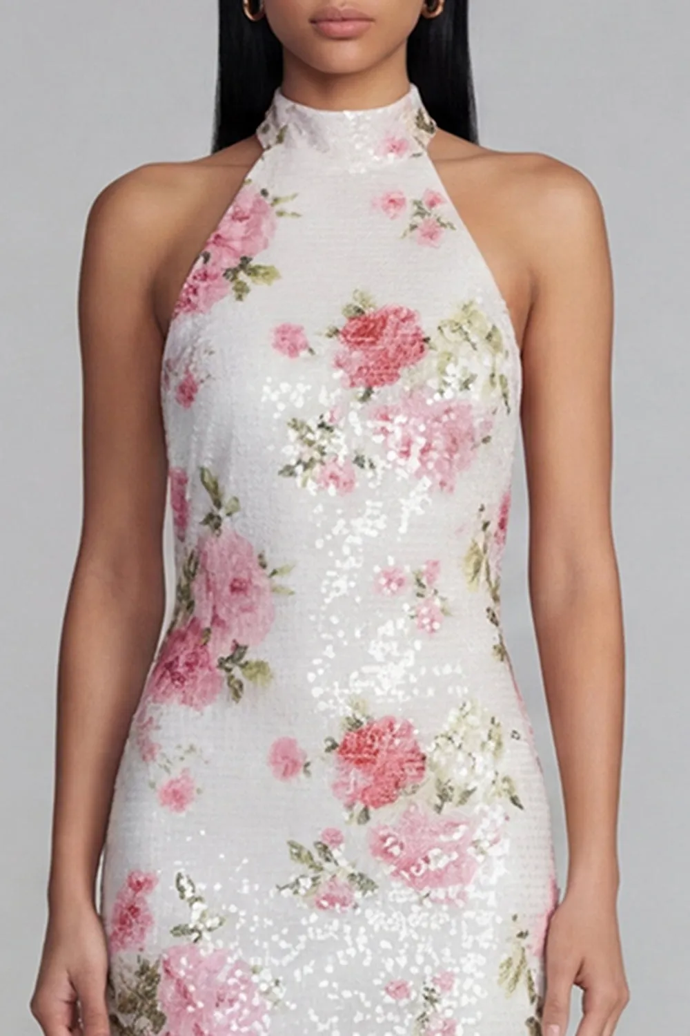 Sparkly White Pink Flower Bodycon Printed Floral Dress with Sequins sold by Zapaka product image thumbnail 4
