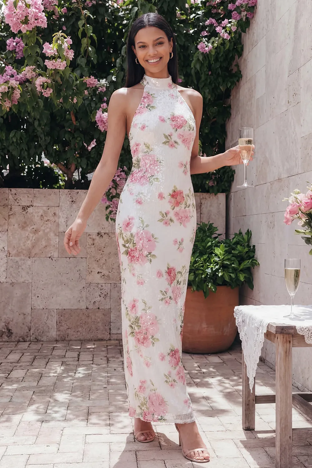 Sparkly White Pink Flower Bodycon Printed Floral Dress with Sequins sold by Zapaka product image thumbnail 2