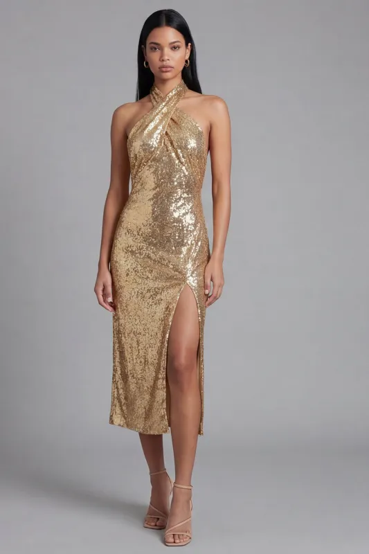 Sparkly Halter Neck Gold Bodycon Backless Midi Sequin Dress with Slit made by Zapaka