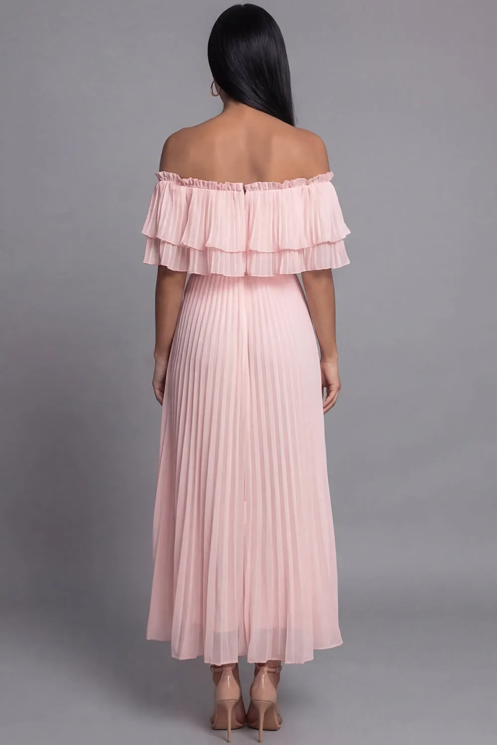 Off the Shoulder Pink Tulle Sheath Pleated Maxi Dress with Ruffles sold by Zapaka product image thumbnail 3