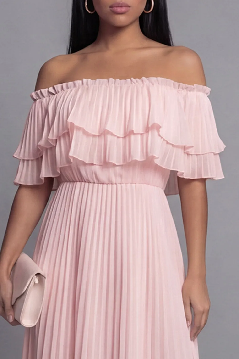 Off the Shoulder Pink Tulle Sheath Pleated Maxi Dress with Ruffles sold by Zapaka product image thumbnail 4
