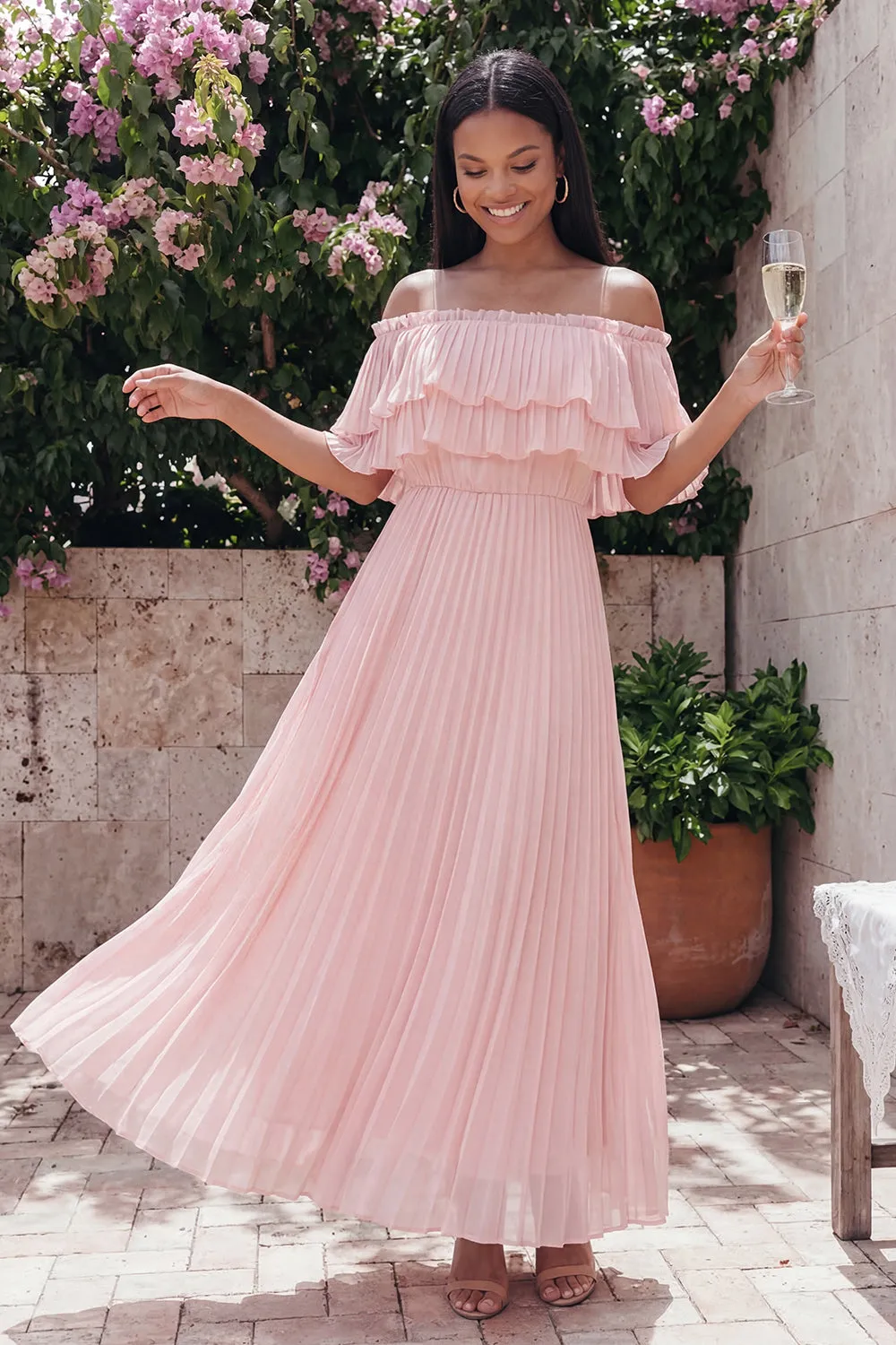 Off the Shoulder Pink Tulle Sheath Pleated Maxi Dress with Ruffles sold by Zapaka product image thumbnail 2
