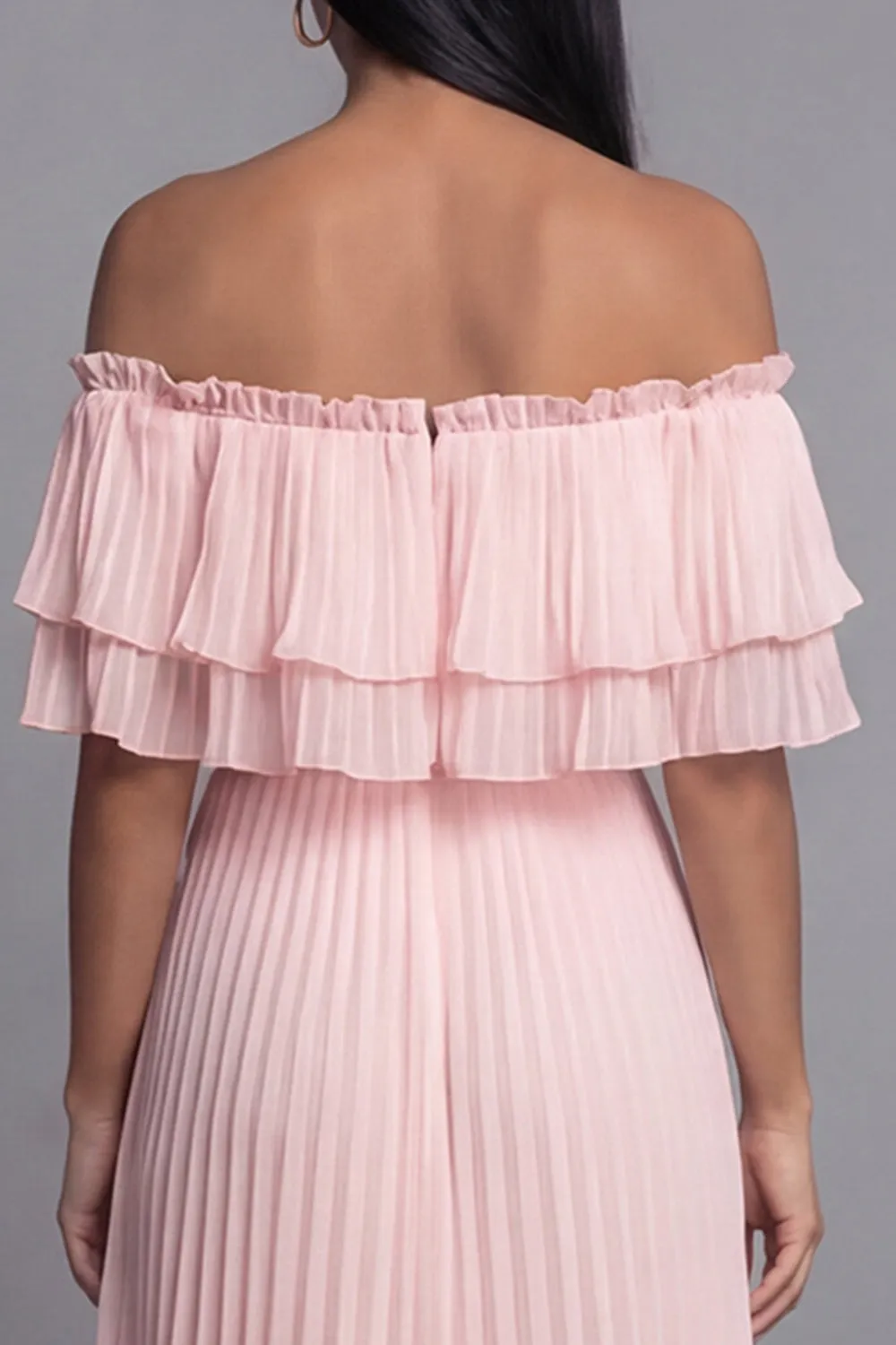 Off the Shoulder Pink Tulle Sheath Pleated Maxi Dress with Ruffles sold by Zapaka product image thumbnail 5