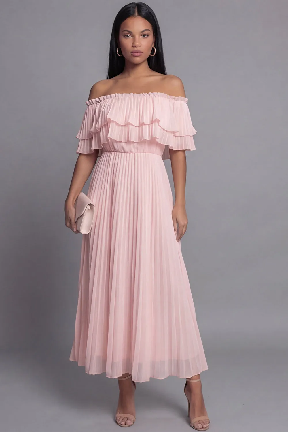 Off the Shoulder Pink Tulle Sheath Pleated Maxi Dress with Ruffles sold by Zapaka
