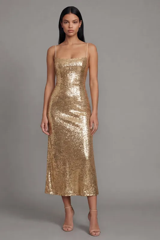 Sparkly Gold Bodycon Spaghetti Straps Midi Dress with Sequins made by Zapaka