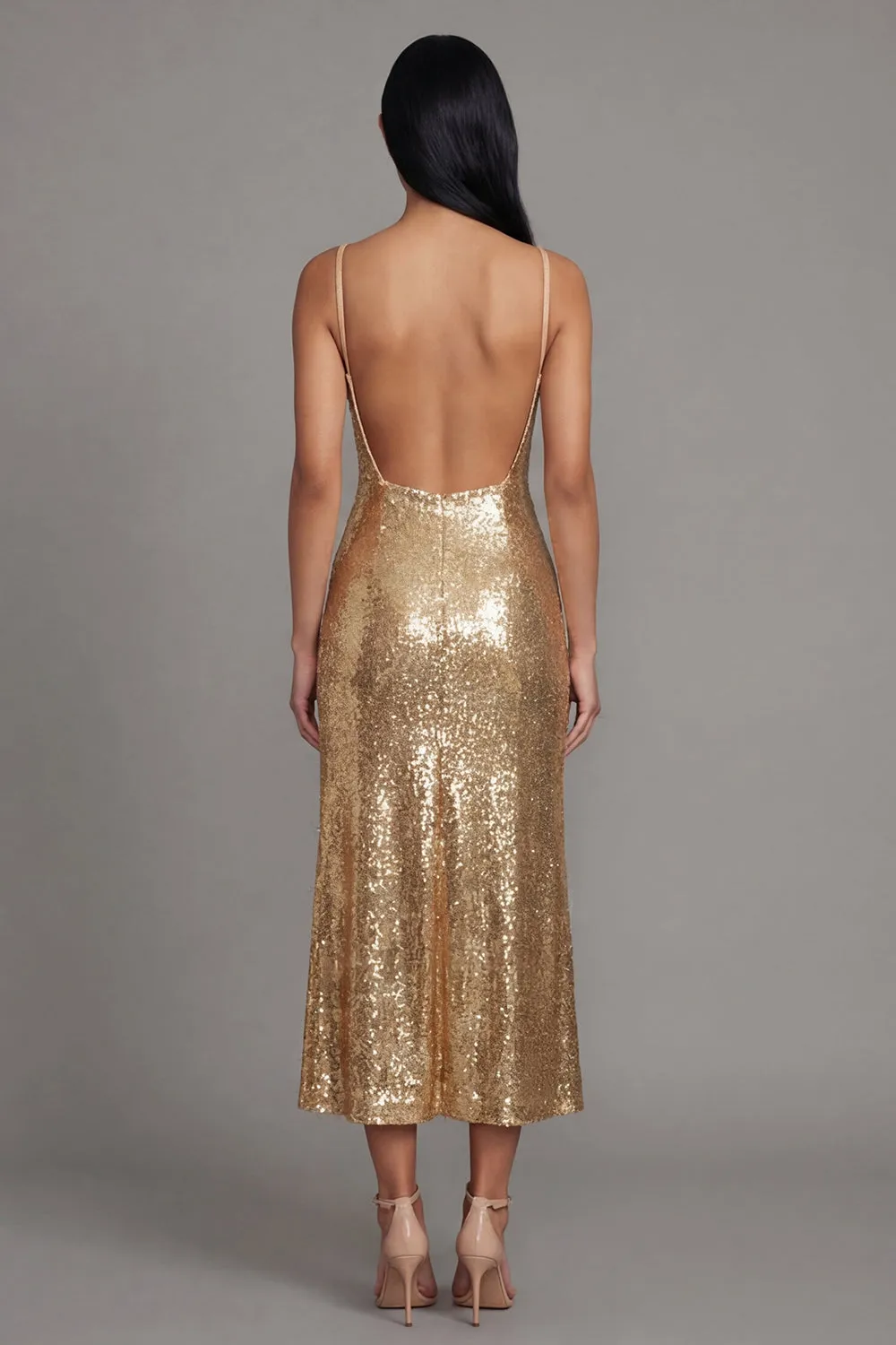 Sparkly Gold Bodycon Spaghetti Straps Midi Dress with Sequins sold by Zapaka product image thumbnail 3