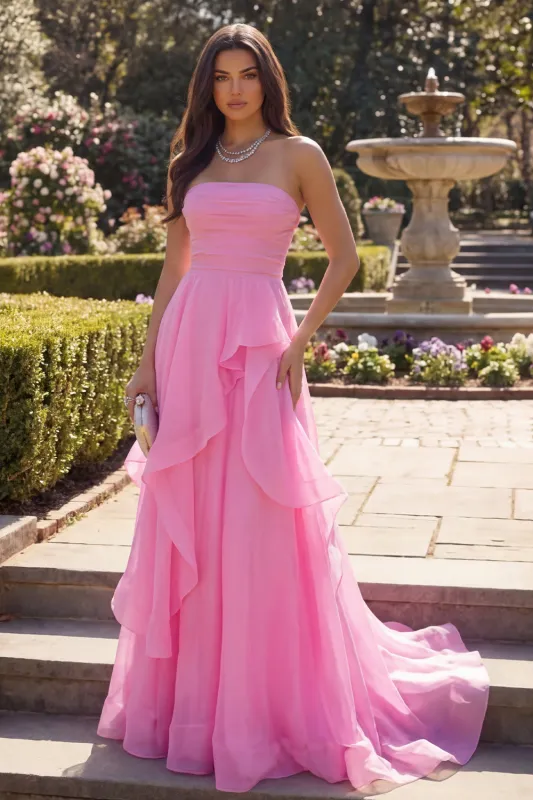 Hot Pink Tulle Sheath Strapless  Long Prom Dress with Ruffles made by Zapaka