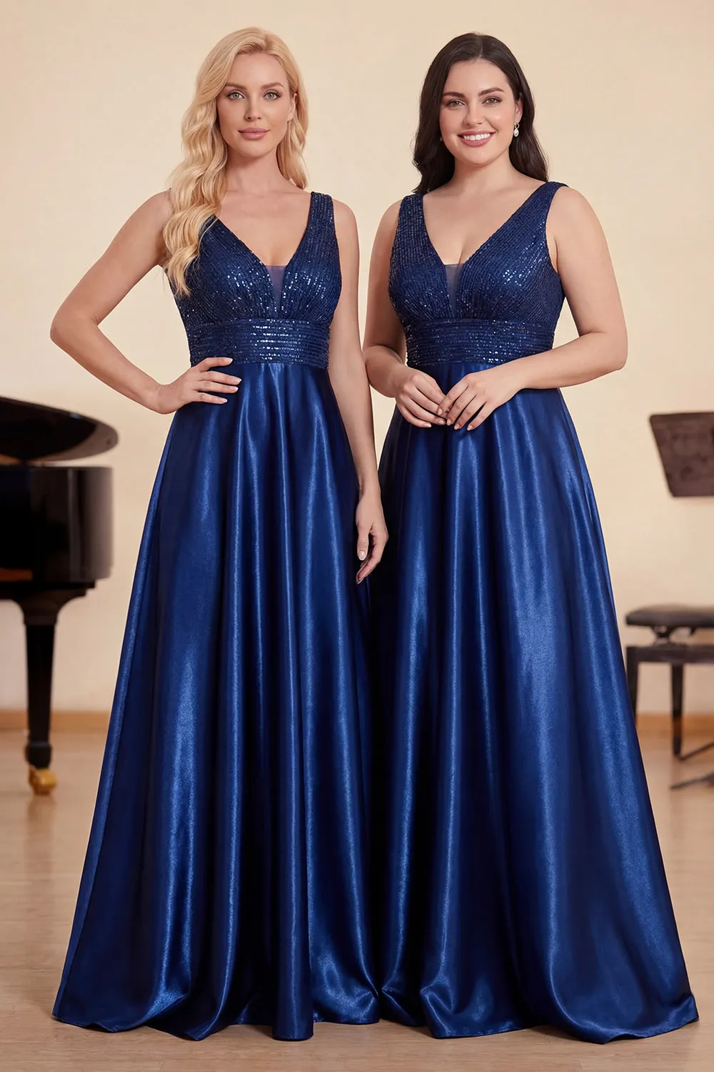 Navy Satin A-Line Choir Dress with Sequins sold by Zapaka