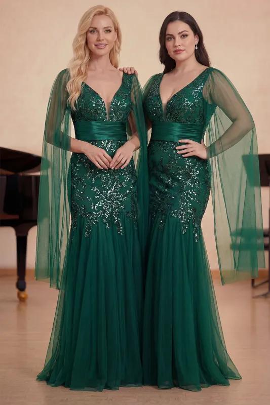 Sparkly Mermaid Dark Green Sequins Choir Dress with Cape Sleeves made by Zapaka