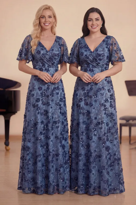 Sparkly Dark Blue Flower V-Neck A-Line Long Choir Dress with Short Sleeves made by Zapaka