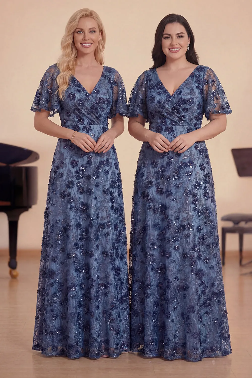 Sparkly Dark Blue Flower V-Neck A-Line Long Choir Dress with Short Sleeves sold by Zapaka