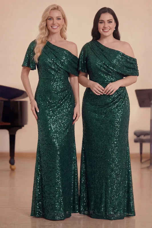 Sparkly Dark Green One Shoulder Long Choir Dress with Sequins made by Zapaka
