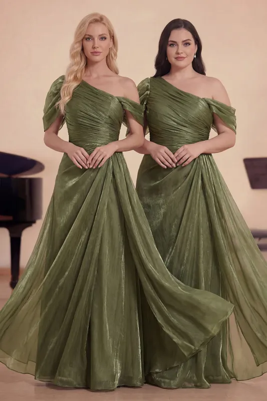 Dusty Sage Chiffon One Shoulder A Line Pleated Long Choir Dress made by Zapaka