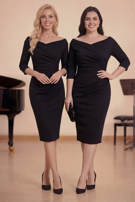 Black Bodycon Ruched Midi Choir Dress with Half Sleeves made by Zapaka
