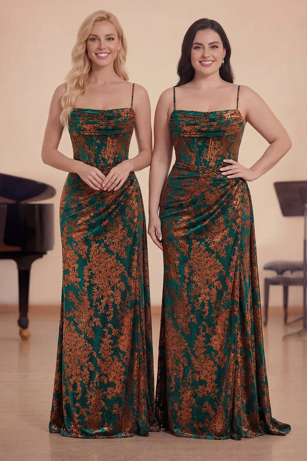 Dark Green Mermaid Corset Ruched Velvet Choir Dress with Slit sold by Zapaka