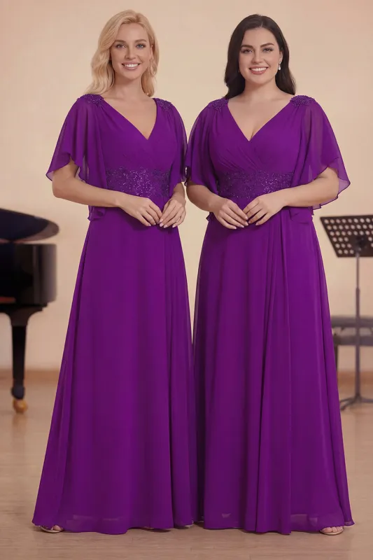 Tulle Grape Sheath V-Neck Beaded Long Choir Dress with Flutter Sleeves made by Zapaka