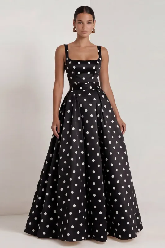 A-Line Satin Black White Dots Square Neck Long Formal Dress with Bow made by Zapaka