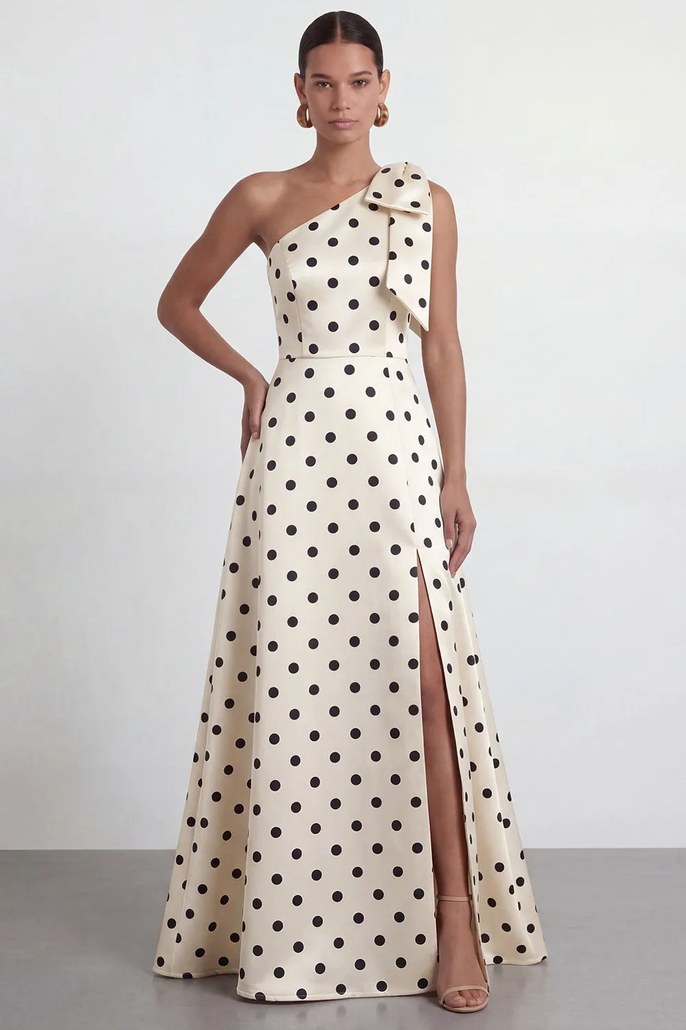 A-Line Satin Black White Dots One Shoulder Long Formal Dress with Slit sold by Zapaka product image thumbnail 2