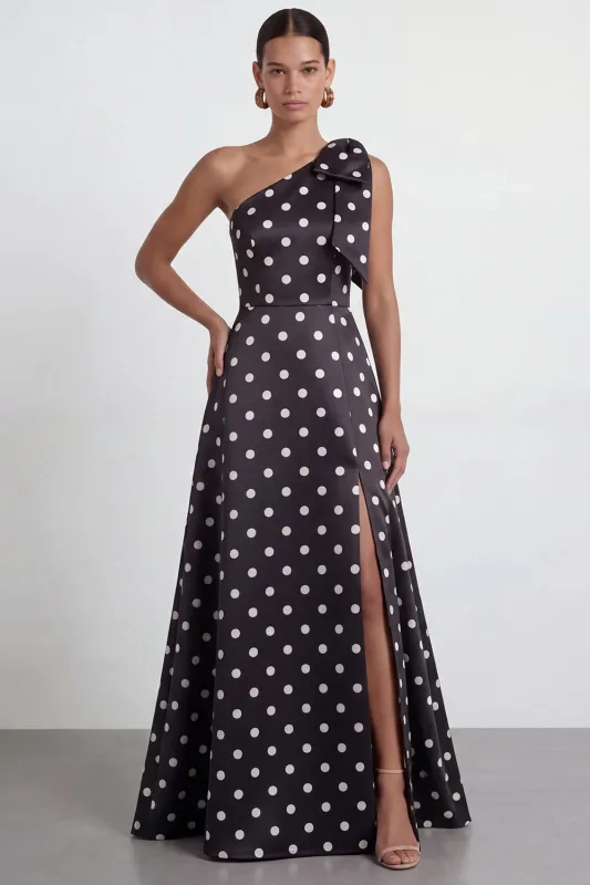 A-Line Satin Black White Dots One Shoulder Long Formal Dress with Slit made by Zapaka