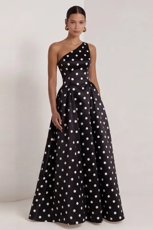 One Shoulder A-Line Satin Black White Dots Long Formal Dress made by Zapaka