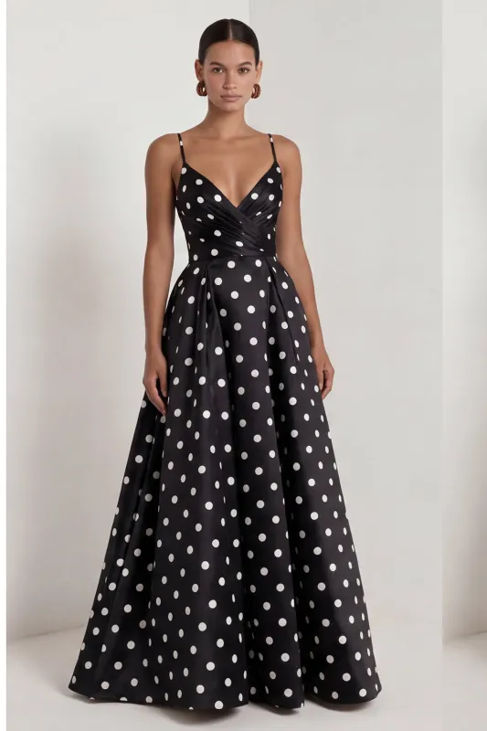 A-Line Satin Black White Dots Spaghetti Straps Long Formal Dress made by Zapaka