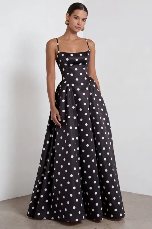 Satin Black White Dots A-Line Spaghetti Straps Long Formal Dress made by Zapaka