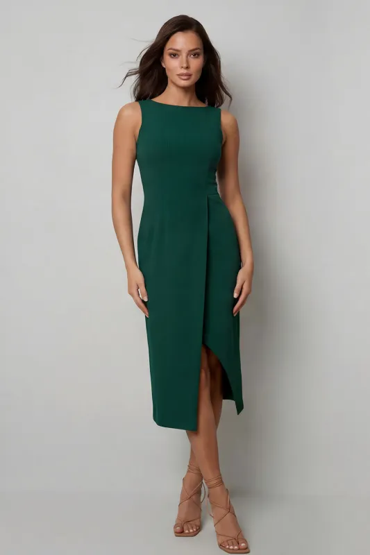 Bateau Neck Dark Green Bodycon Long Work Dress with Slit made by Zapaka