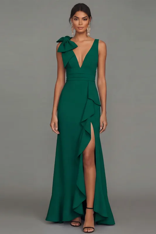 Dark Green Sheath V-Neck Ruffled Ruched Long Formal Dress with Slit made by Zapaka