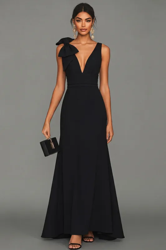 Black Sheath V-Neck Long Formal Dress with Bow made by Zapaka