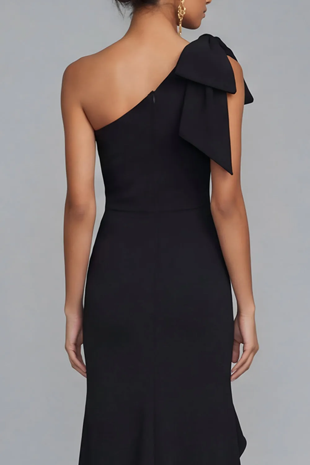 One Shoulder Black Sheath Ruffled Long Formal Dress with Slit sold by Zapaka product image thumbnail 5