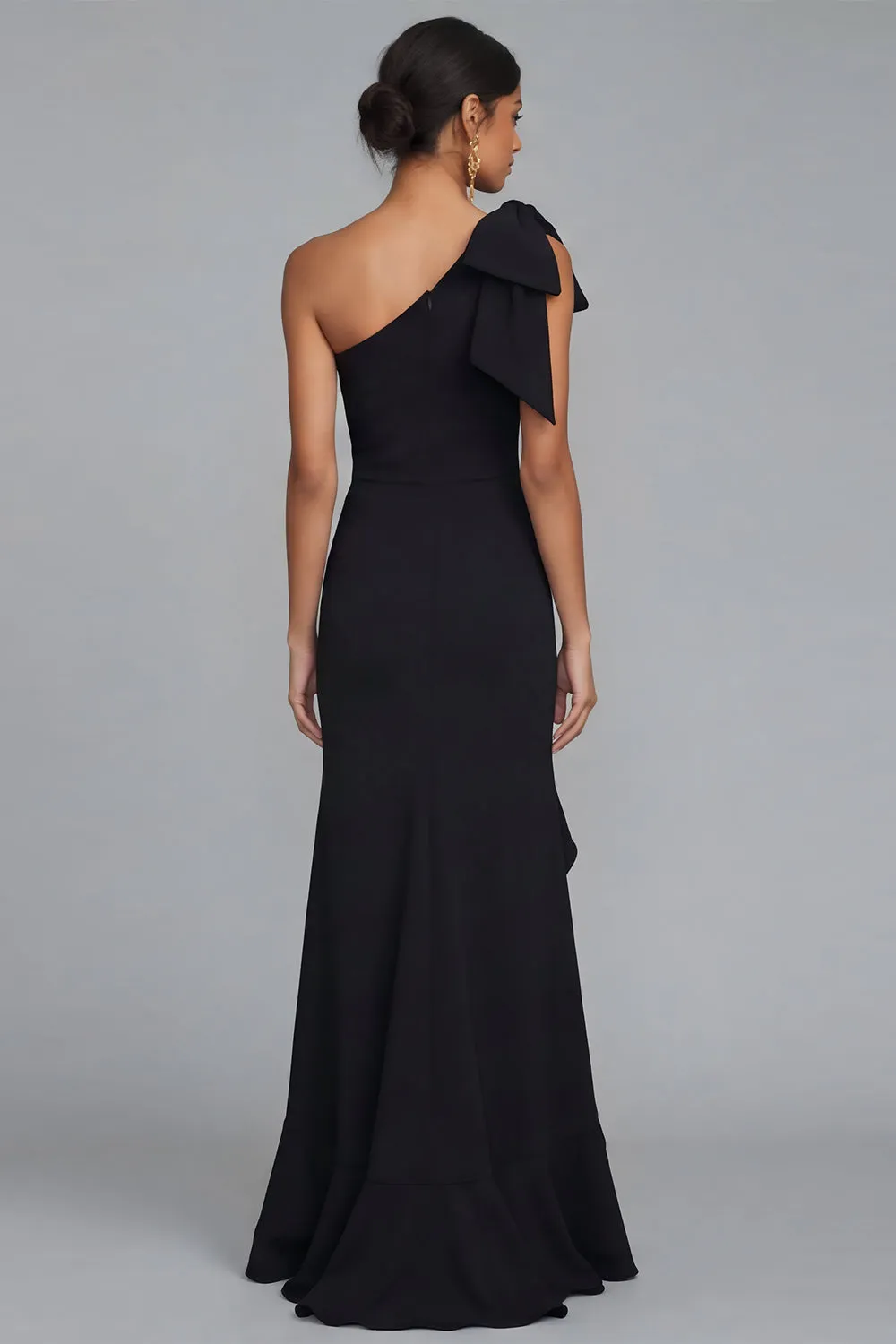 One Shoulder Black Sheath Ruffled Long Formal Dress with Slit sold by Zapaka product image thumbnail 2