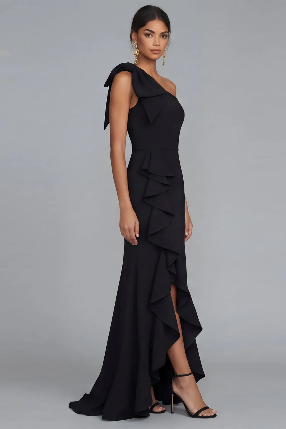 One Shoulder Black Sheath Ruffled Long Formal Dress with Slit sold by Zapaka product image thumbnail 3
