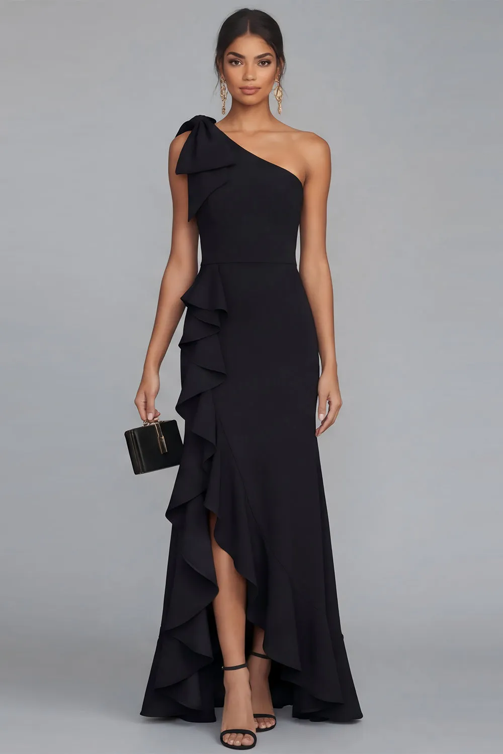 One Shoulder Black Sheath Ruffled Long Formal Dress with Slit sold by Zapaka
