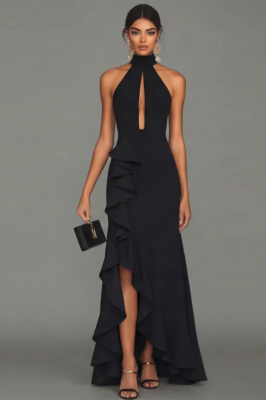 Black Sheath Halter Neck Ruffled Cut Out Long Formal Dress with Slit made by Zapaka
