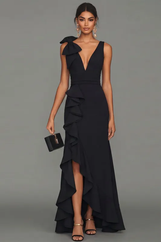 Black Sheath V-Neck Ruffled Long Formal Dress with Slit made by Zapaka