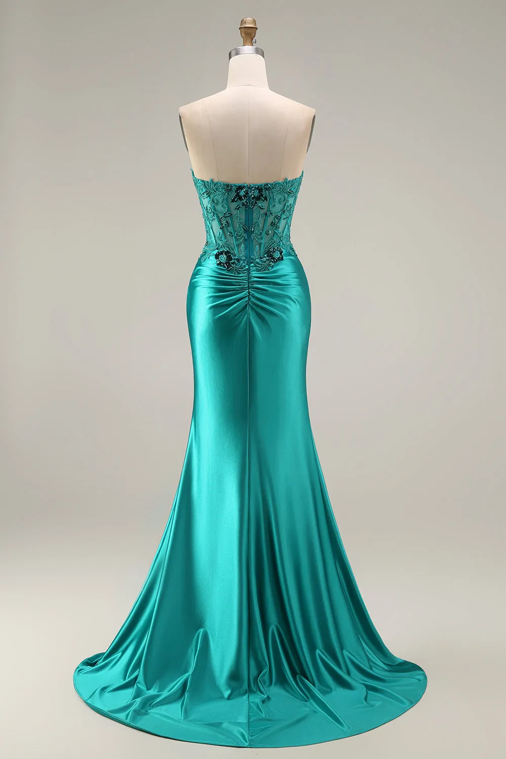 Peacock Satin Corset Mermaid Sweetheart Ruched Beaded Appliqued Long Prom Dress with Slit sold by Zapaka product image thumbnail 2